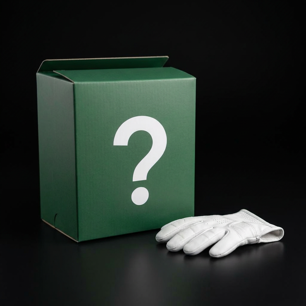 Dark green mystery box with a white question mark next to a white leather golf glove on a fairway