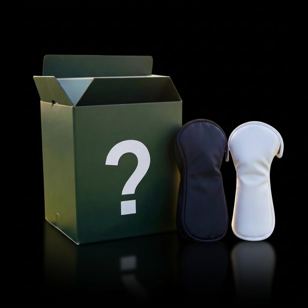 Dark green mystery box with a white question mark next to two golf head covers on a fairway